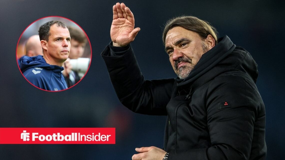Leeds United manager Daniel Farke waves towards a circular inset, where Sunderland boss Regis Le Bris watches with a concerned expression.