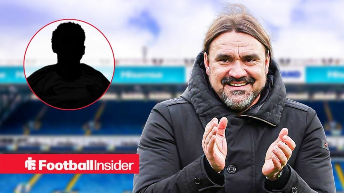 Daniel Farke clapping at Elland Road, Ruben Vargas' silhouette in a circular inset