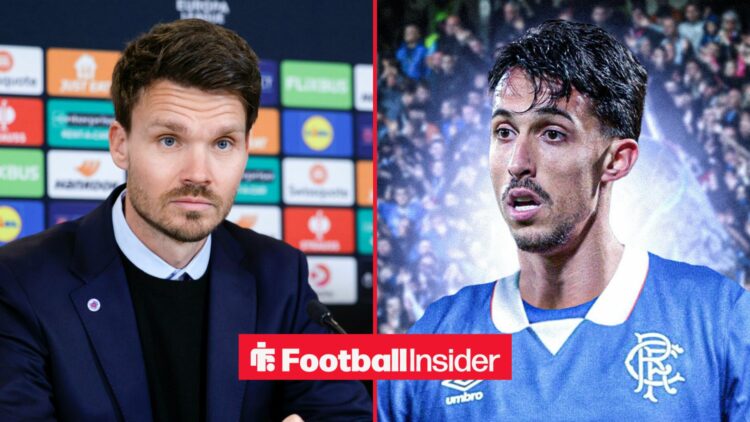 A split image as Rangers manager Danny Rohl sits in a press conference in the left half, while Bojan Miovski features on the right.