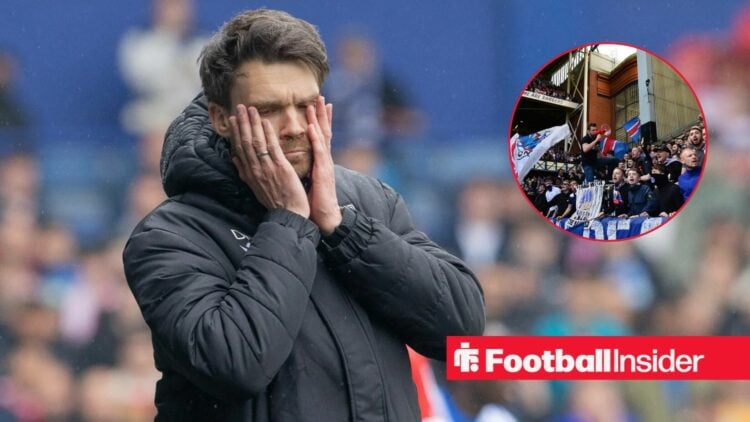 Rangers manager Danny Rohl has his head in his hands as the fans wave flags in a circular inset.