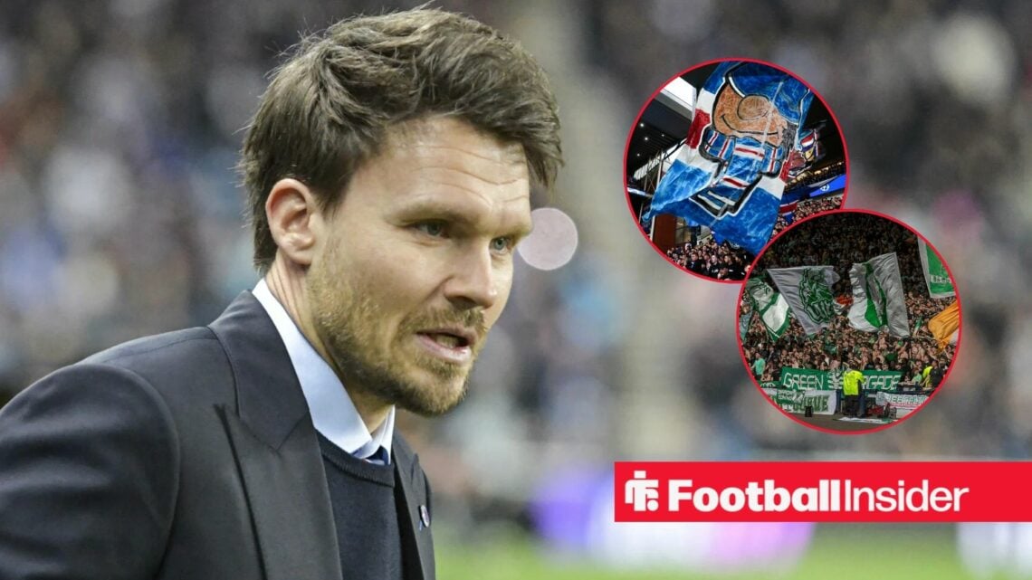 Danny Rohl stares towards a pair of circular insets, which feature Rangers and Celtic fans respectively.