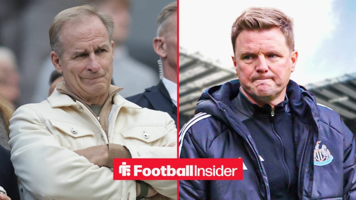David Hopkinson with his arms folded alongside Eddie Howe looking unimpressed