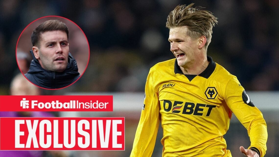 Football Insider exclusive as David Moller Wolfe is in action during a game for Wolves, as Brighton manager Fabian Hurzeler watches from a circular...