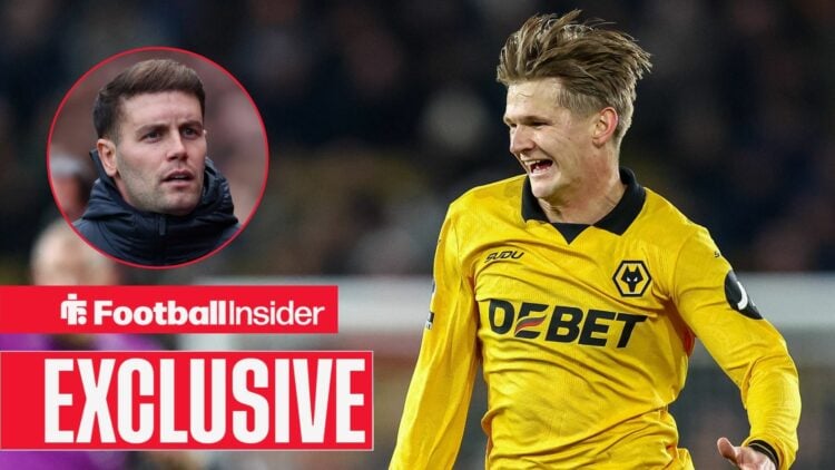 Football Insider exclusive as David Moller Wolfe is in action during a game for Wolves, as Brighton manager Fabian Hurzeler watches from a circular...