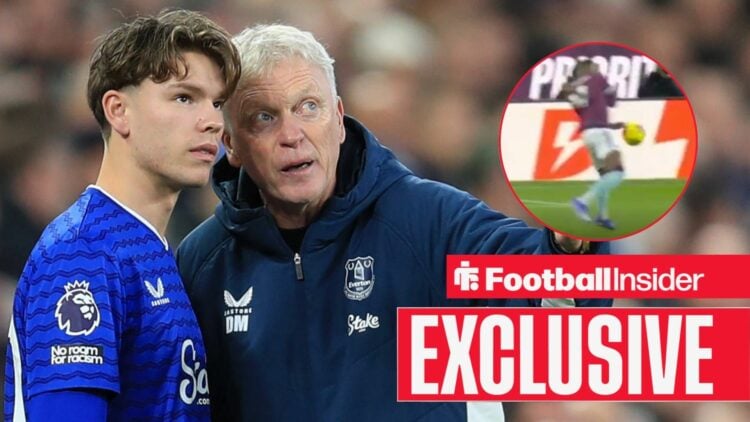 David Moyes talking with Tyler Dibling, Jaidon Anthony handball in a circular inset