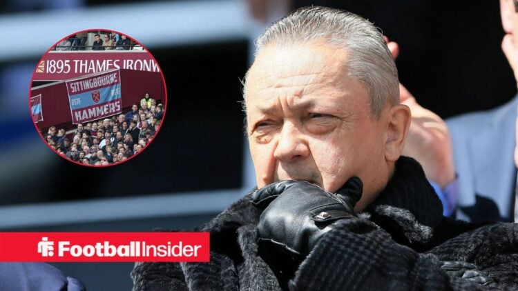 David Sullivan looks ponderous in the stands as West Ham fans feature in a circular inset.