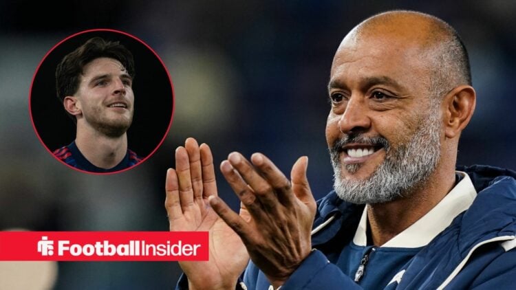 Declan Rice smiling on the left with Nuno Espirito Santo clapping for West Ham