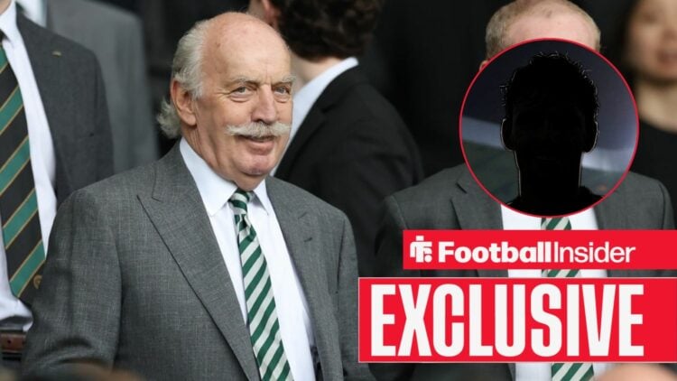 Dermot Desmond smiling on the left for Celtic with Matt O'Riley's silhouette on the right