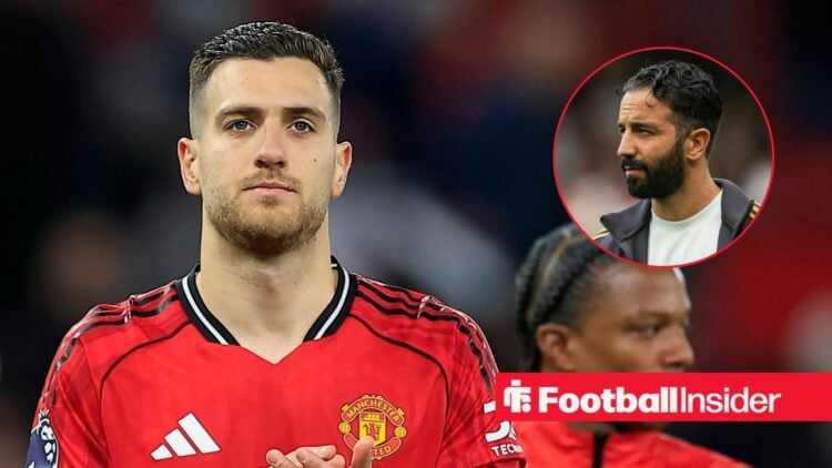 Diogo Dalot applauding at Man United, with Ruben Amorim in a circular inset