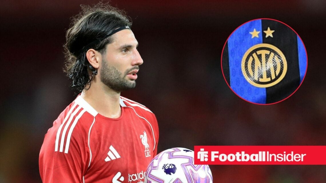 Liverpool star Dominik Szoboszlai glances towards the Inter Milan badge, which features in a circular inset.
