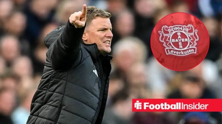 Newcastle United manager Eddie Howe points aggressively on the touchline, as the Bayer Leverkusen badge features in a circular inset.