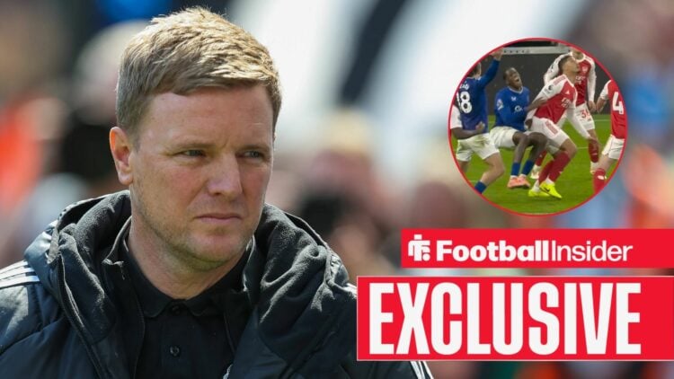 Eddie Howe, William Saliba's challenge on Thierno Barry in a circular inset