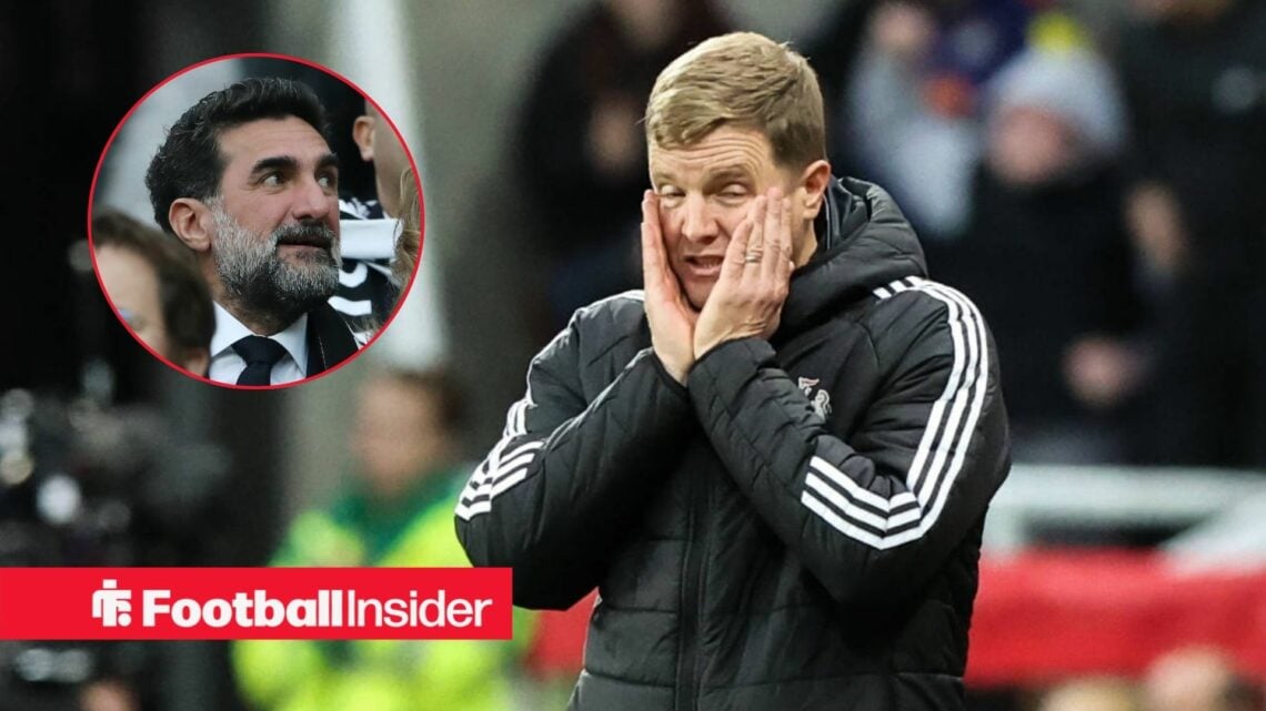Eddie Howe looking upset with Yasir Al-Rumayyan included in a circular inset