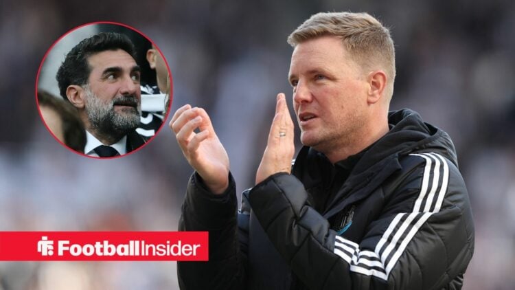Eddie Howe clapping with Yasir Al-Rumayyan included in a circular inset