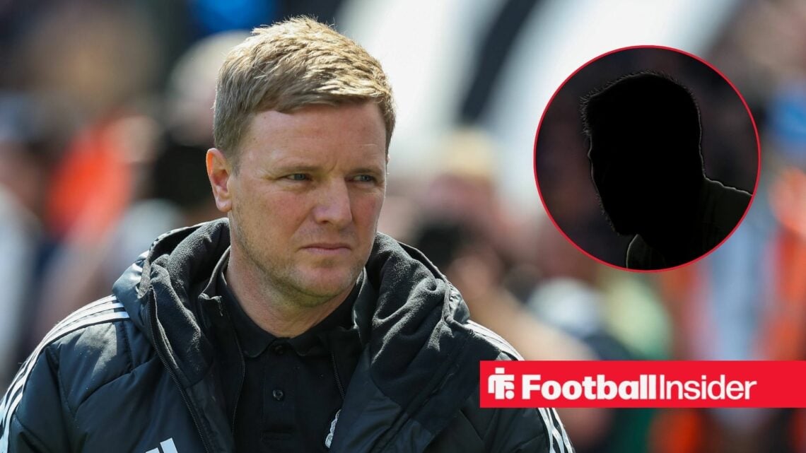 Eddie Howe looking stern on the left for Newcastle with Aaron Ramsdale's silhouette on the right