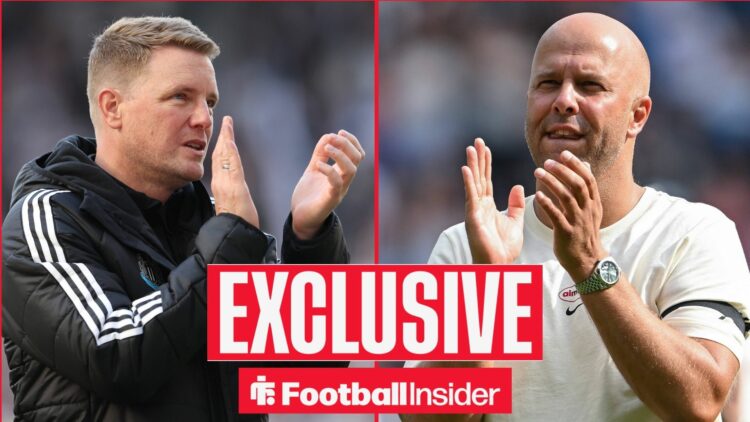 Eddie Howe clapping for Newcastle on the left with Arne Slot clapping on the right for Liverpool