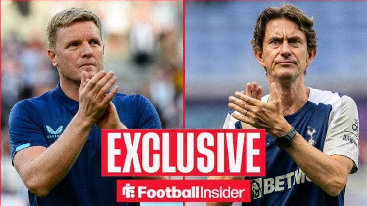 Eddie Howe clapping on the left for Newcastle with Thomas Frank clapping on the right