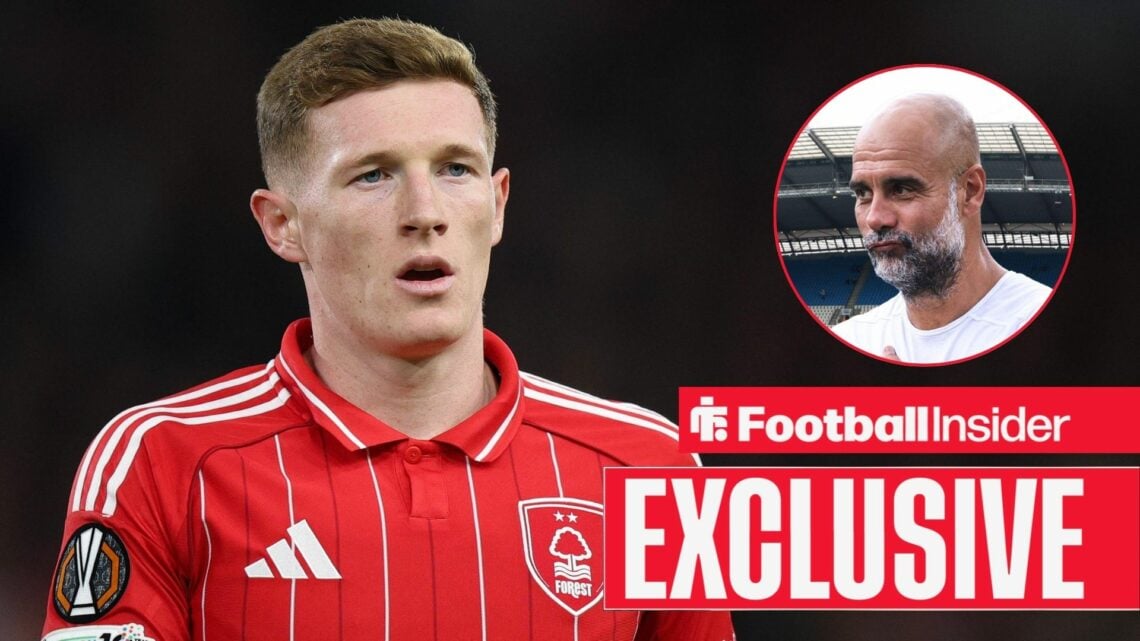 Football Insider exclusive as Elliot Anderson is in action for Nottingham Forest, while Manchester City manager Pep Guardiola watches on from a cir...