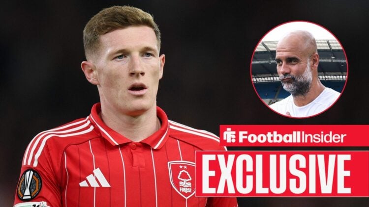 Football Insider exclusive as Elliot Anderson is in action for Nottingham Forest, while Manchester City manager Pep Guardiola watches on from a cir...