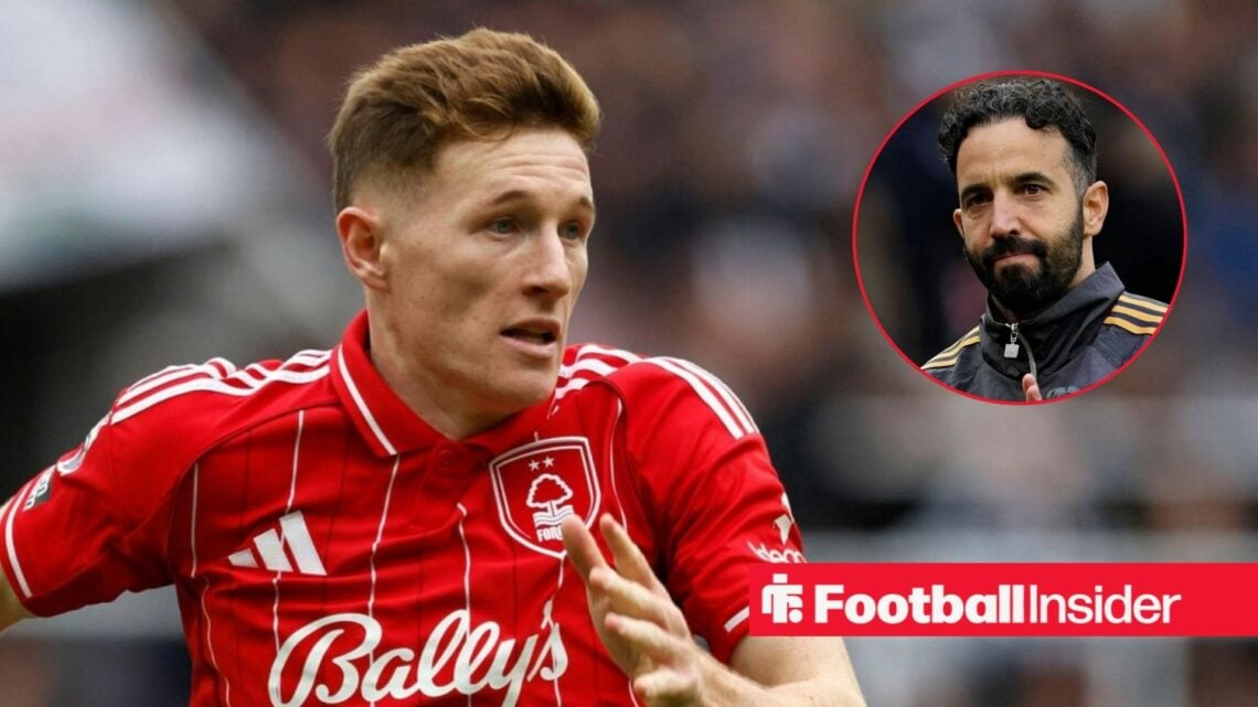 Elliot Anderson in action for Nottingham Forest, with Ruben Amorim in a circular inset