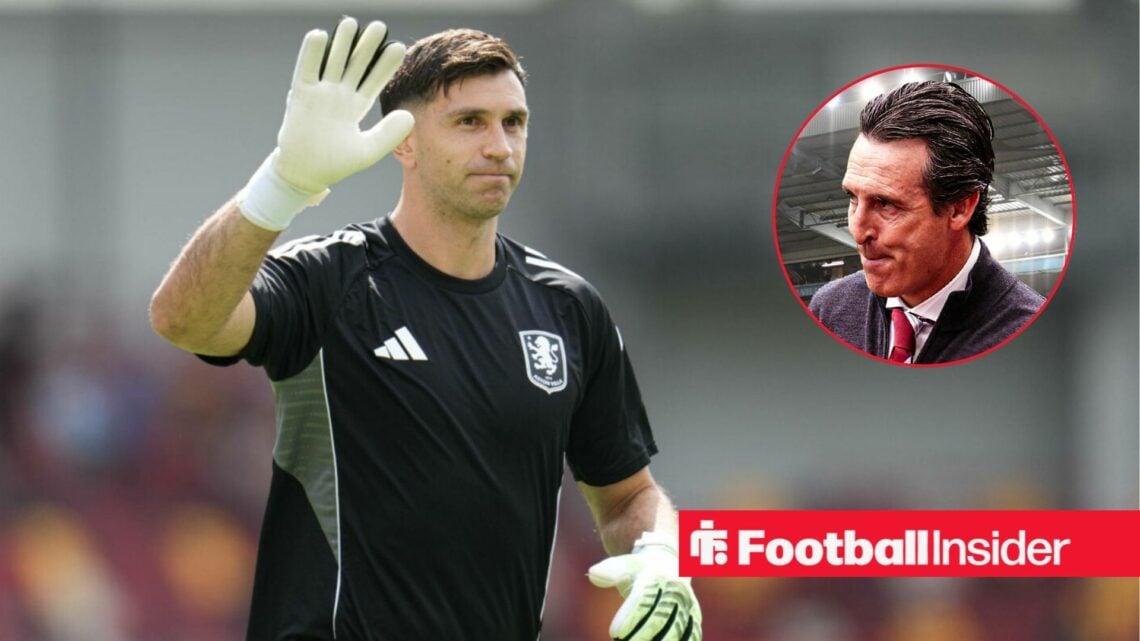 Aston Villa goalkeeper Emi Martinez waves during a warm-up, as Unai Emery watches on angrily from a circular inset.