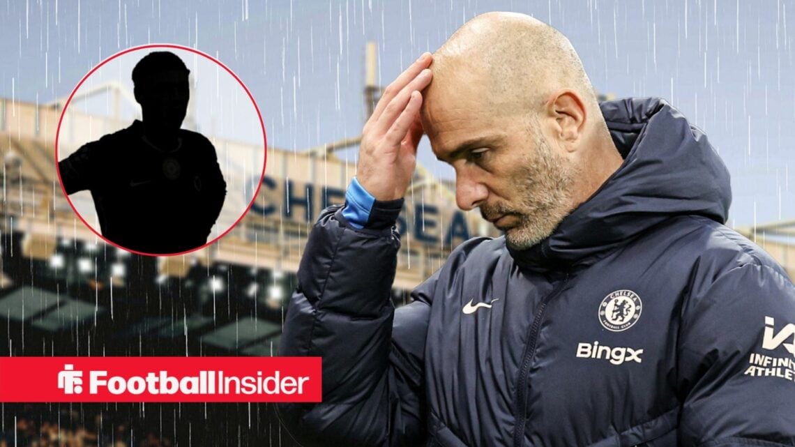 Enzo Maresca walking in the rain at Stamford Bridge, Cole Palmer's silhouette in a circular inset