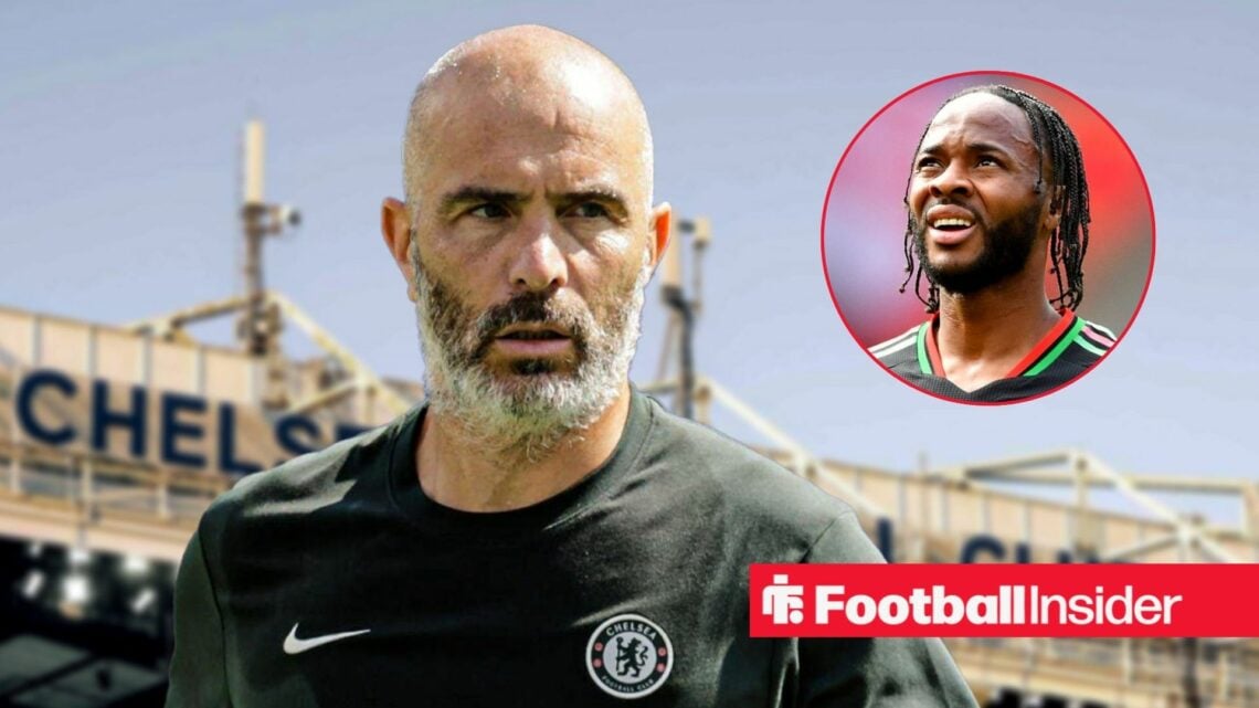 Enzo Maresca at Stamford Bridge with Raheem Sterling included in a circular inset