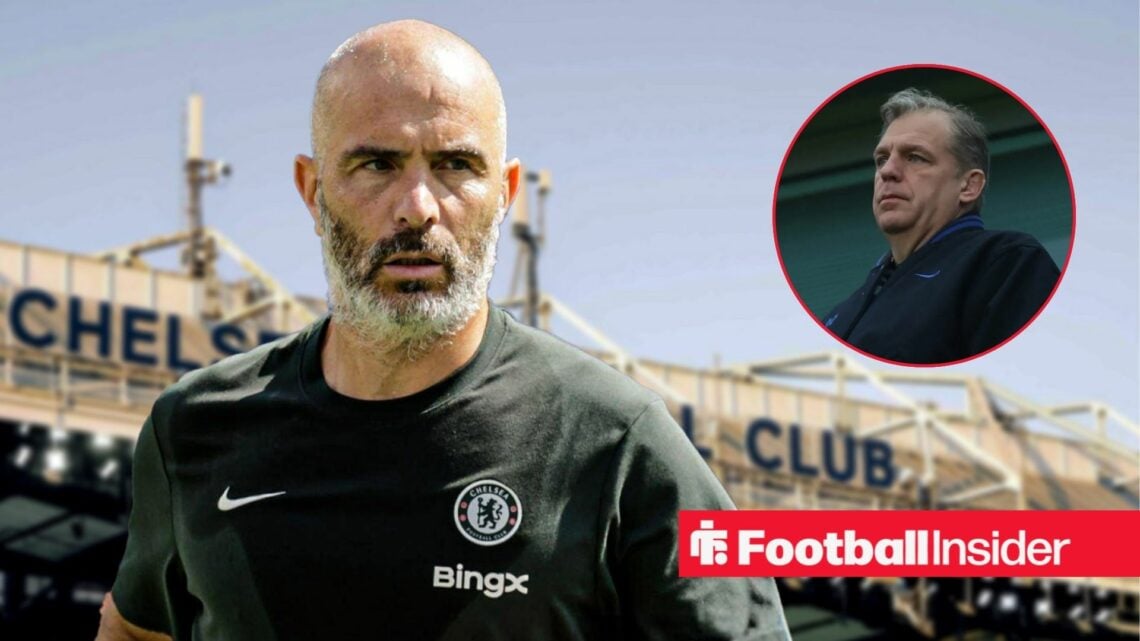 Chelsea manager Enzo Maresca glances towards a circular inset, where owner Todd Boehly looks down from the stands.