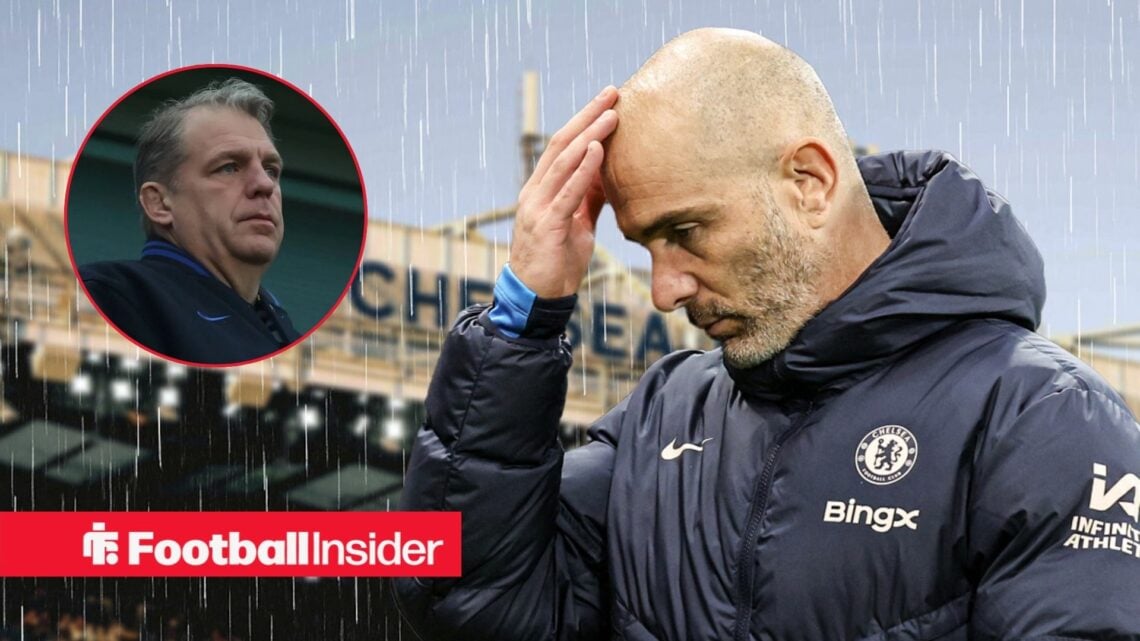 Chelsea manager Enzo Maresca stands in the rain at Stamford Bridge as owner Todd Boehly looks bemused in a circular inset.