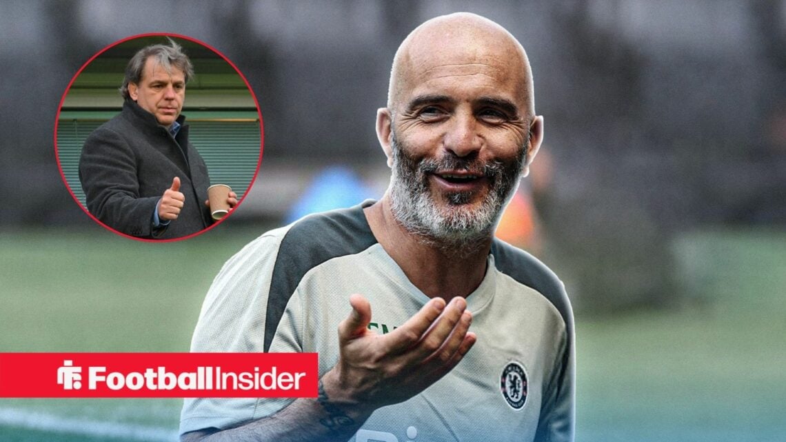 Enzo Maresca looking surprised with Todd Boehly included in a circular inset