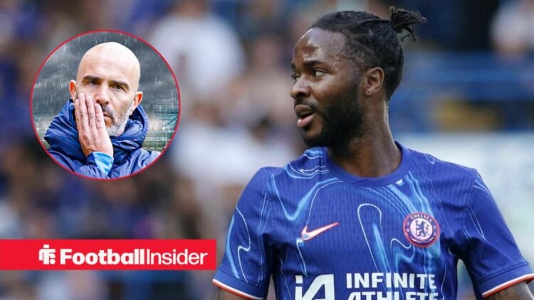 Enzo Maresca looking serious on the left with Raheem Sterling looking focused for Chelsea on the right