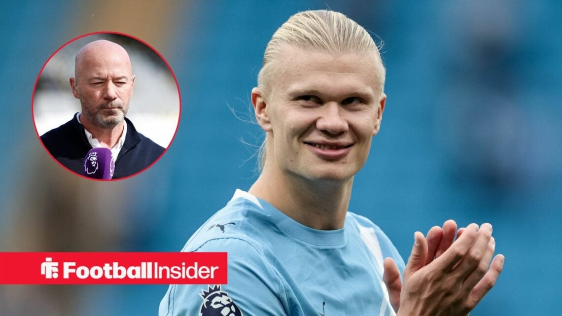 Manchester City striker Erling Haaland smiles and applauds as Alan Shearer watches on from the circular inset.