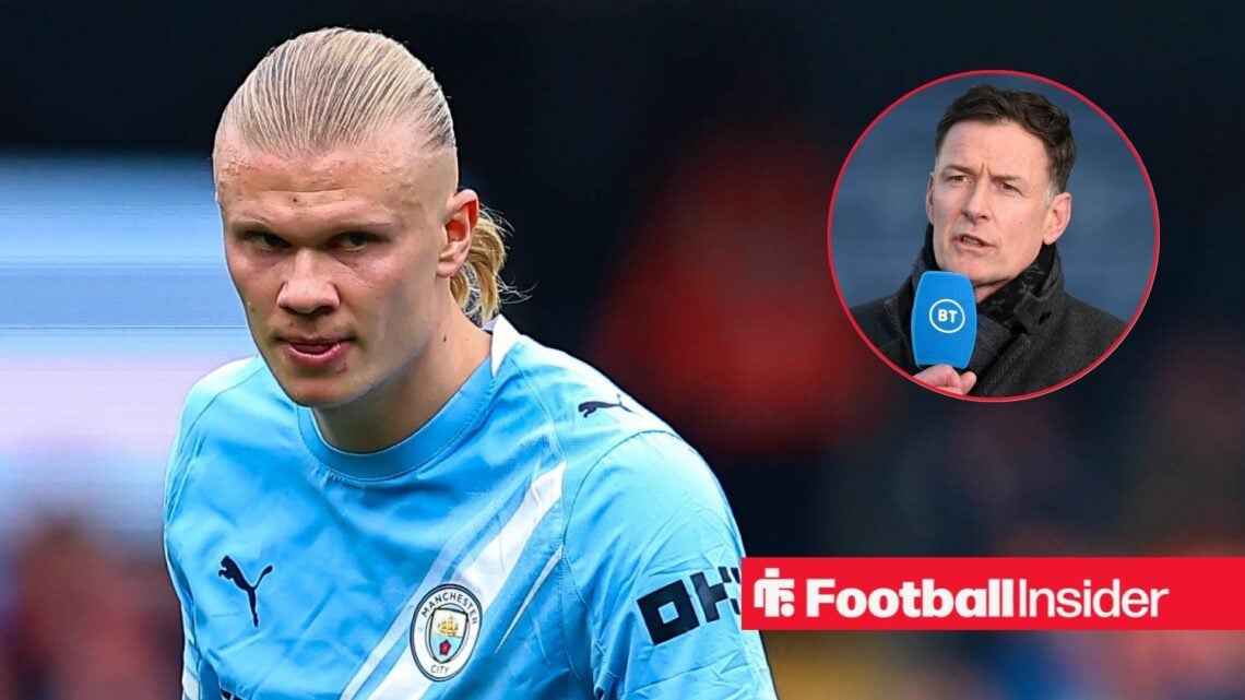 Erling Haaland playing for Man City, Chris Sutton in a circular inset