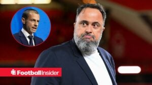 Evangelos Marinakis looking concerned with Aleksander Ceferin included in a circular inset