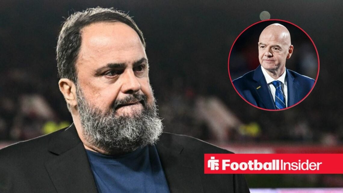 Evangelos Marinakis at the City Ground, Gianni Infantino in a circular inset