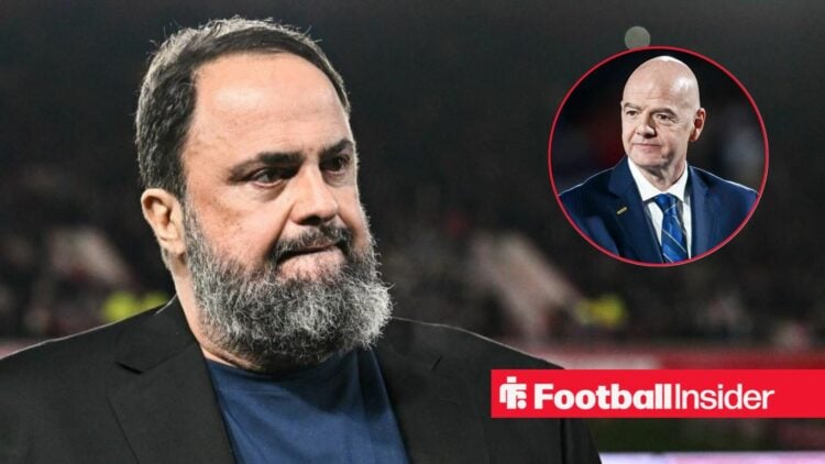 Evangelos Marinakis at the City Ground, Gianni Infantino in a circular inset