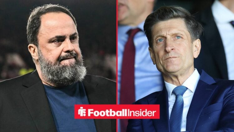 Evangelos Marinakis looking concerned alongside Steve Parish looking serious