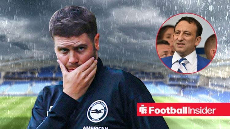 Fabian Hurzeler in the rain at the Amex, with Tony Bloom in a circular inset