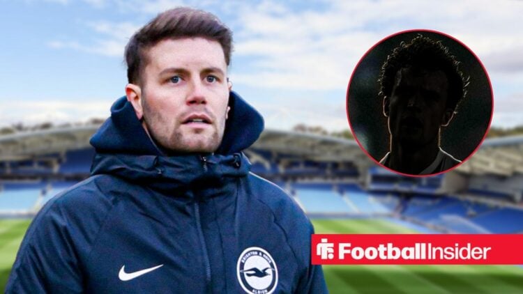 Fabian Hurzeler looking concerned on the left for Brighton with Mats Wieffer's silhouette on the right