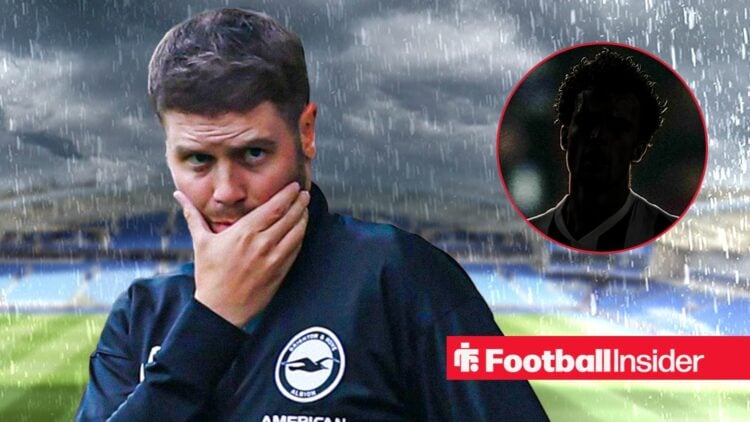 Fabian Hurzeler looking concerned on the left for Brighton with Mats Wieffer's silhouette on the right