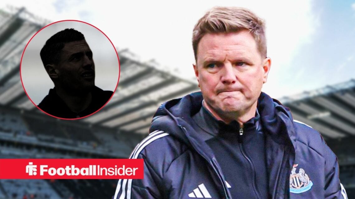 Fabian Schar's silhouette on the left with a concerned Eddie Howe on the right in front of St James' Park