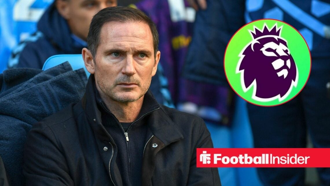 Coventry City manager Frank Lampard sits in the dugout, as the Premier League badge features in a circular inset.