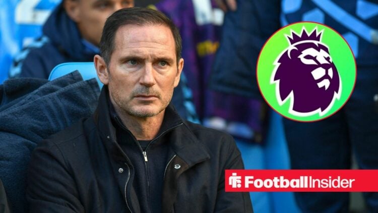 Coventry City manager Frank Lampard sits in the dugout, as the Premier League badge features in a circular inset.