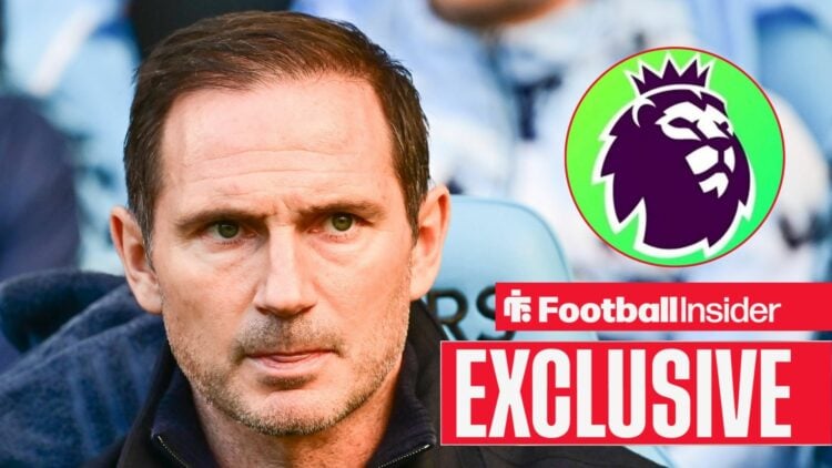 Football Insider exclusive as Coventry City manager Frank Lampard glances towards a circular inset, which features in the Premier League badge.