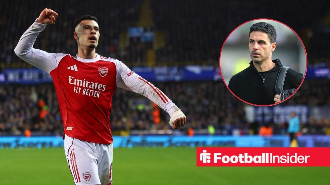 Gabriel Martinelli celebrating, Mikel Arteta in a circular inset