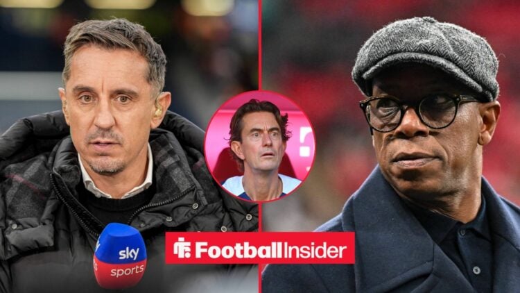 Gary Neville and Ian Wright looking serious on either side of an alarmed Thomas Frank in the middle for Tottenham