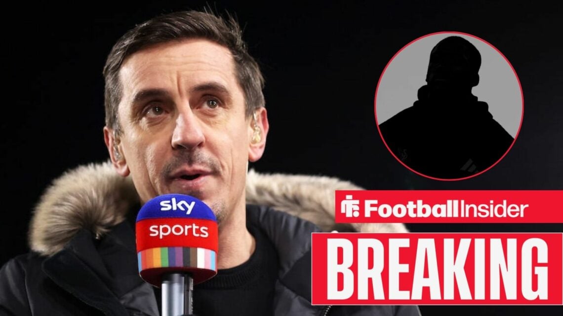 Gary Neville speaking on Sky Sports, Ibrahima Konate's silhouette in a circular inset