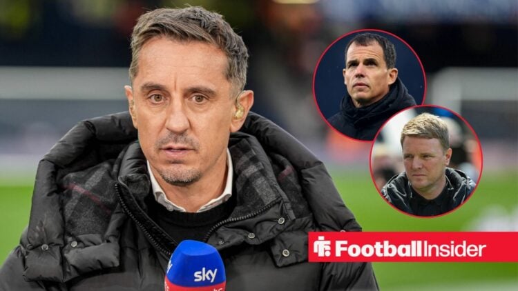 Gary Neville speaks on Sky Sports as Sunderland manager Regis Le Bris and Newcastle boss Eddie Howe watch on from circular insets.