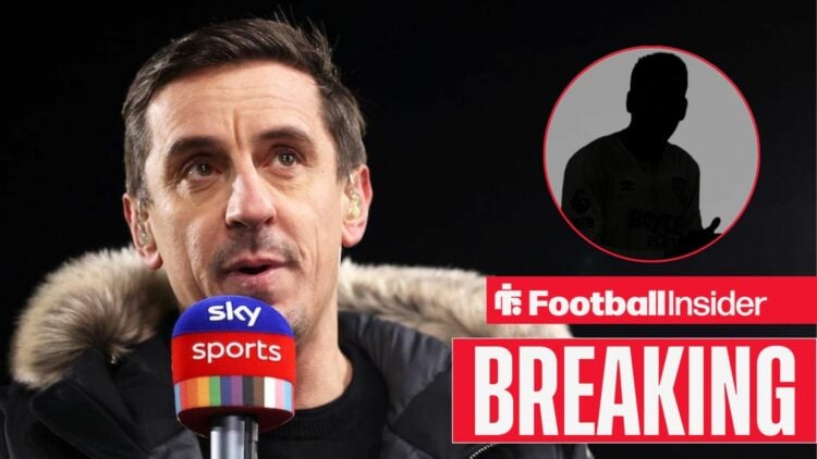 Gary Neville speaking on Sky Sports, Soungoutou Magassa's silhouette in a circular inset