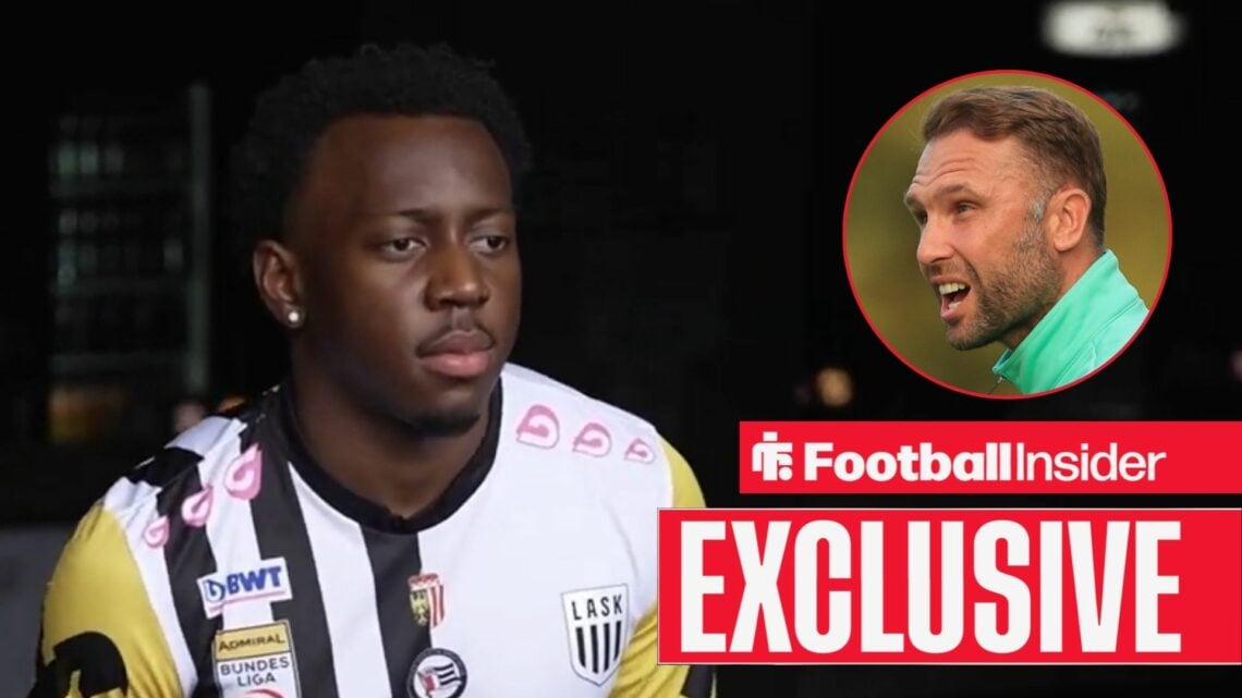 George Bello in a video for LASK, with John Eustace in a circular inset